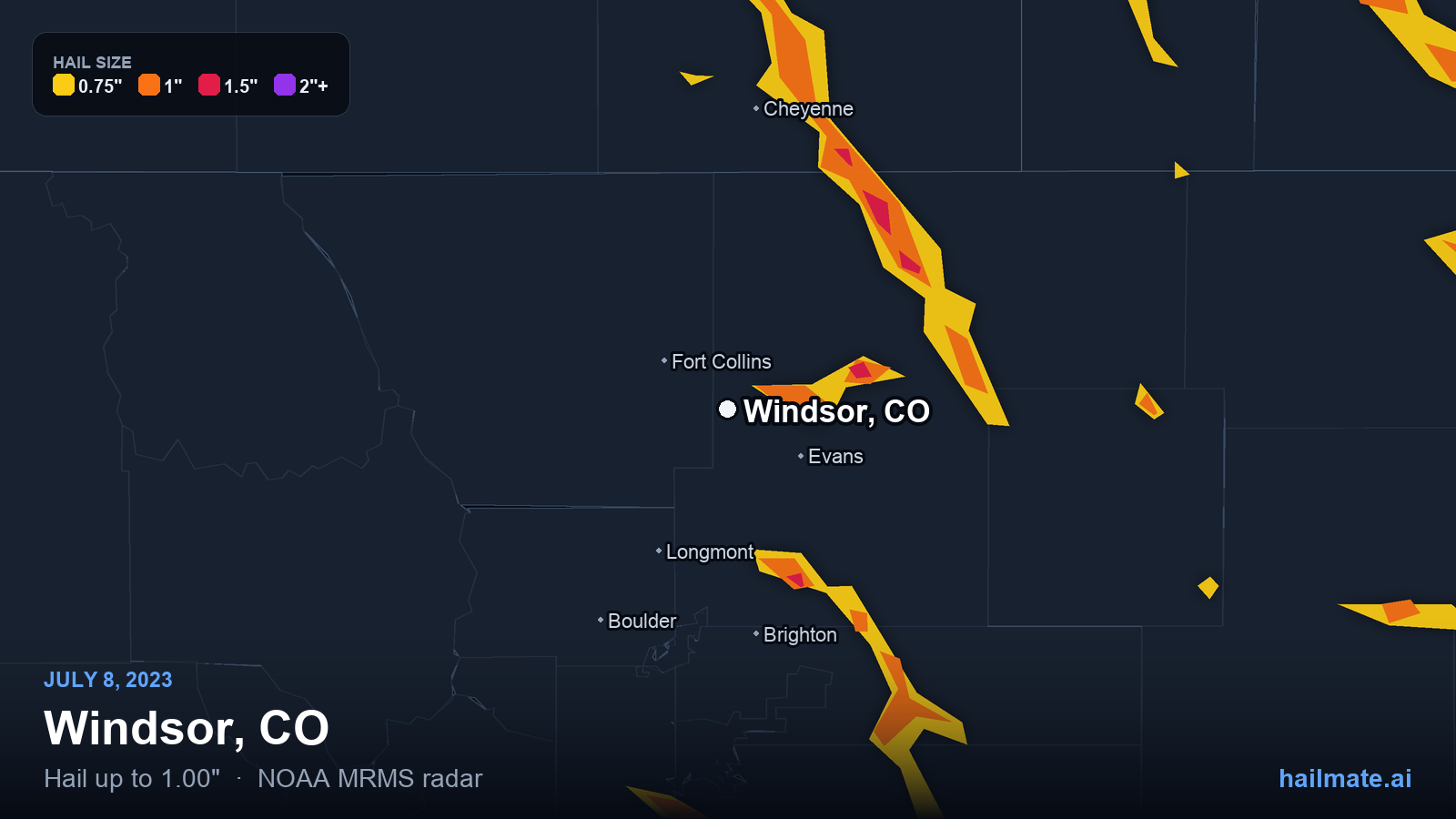 Hail swath map for Windsor, CO on July 8, 2023 showing 1.00 inch hail.