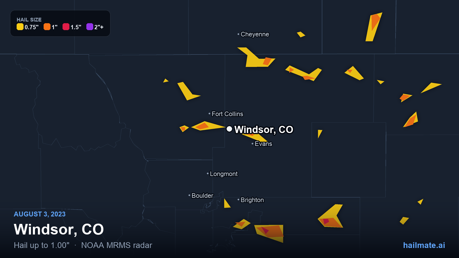 Hail swath map for Windsor, CO on August 3, 2023 showing 1.00 inch hail.