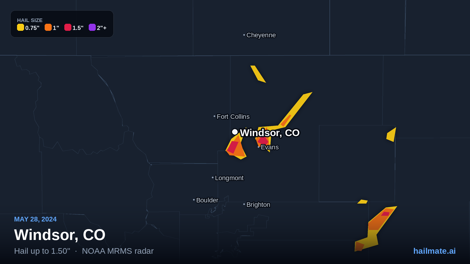 Hail swath map for Windsor, CO on May 28, 2024 showing 1.50 inch hail.