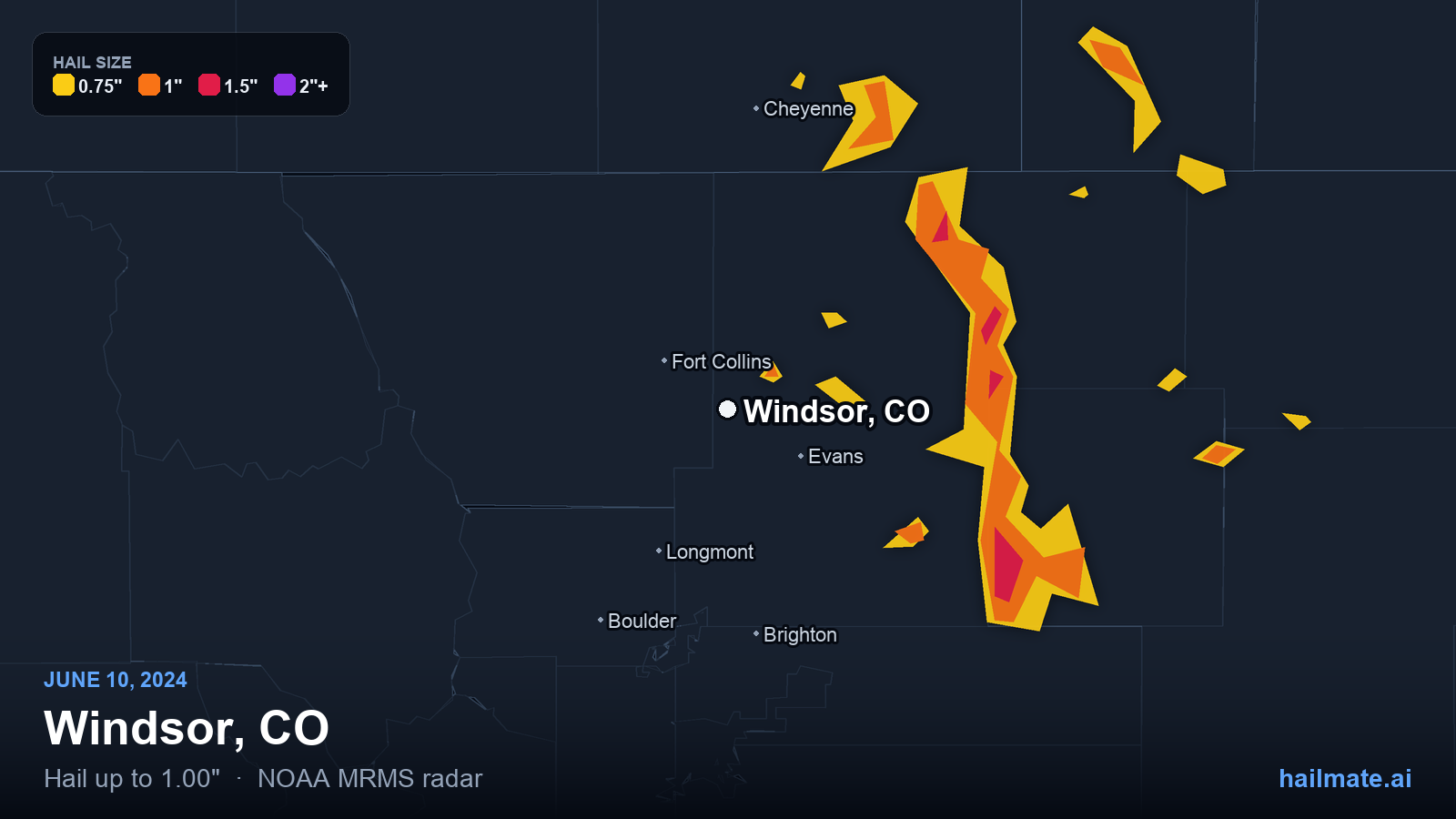 Hail swath map for Windsor, CO on June 10, 2024 showing 1.00 inch hail.