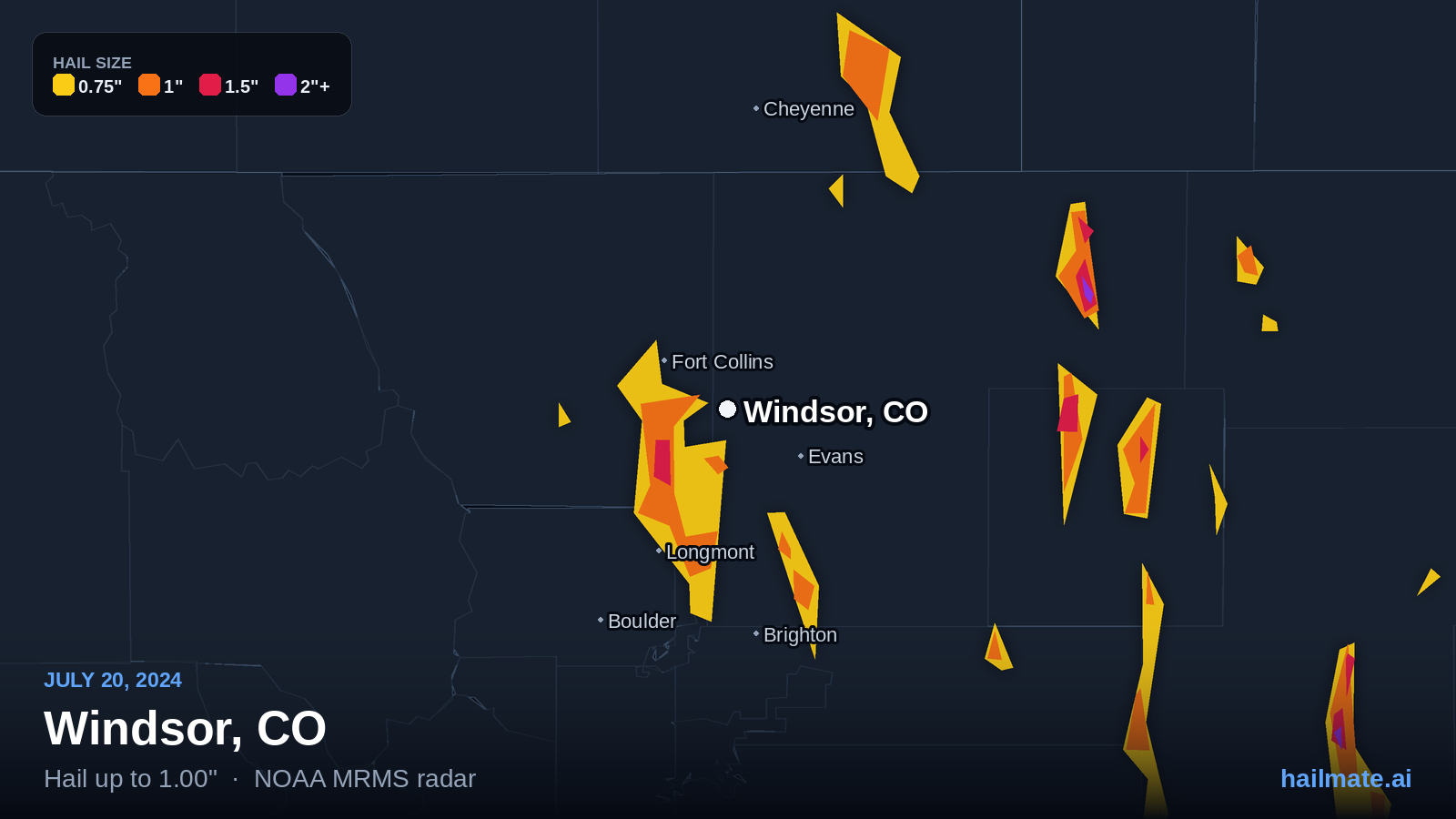 Hail swath map for Windsor, CO on July 20, 2024 showing 1.00 inch hail.