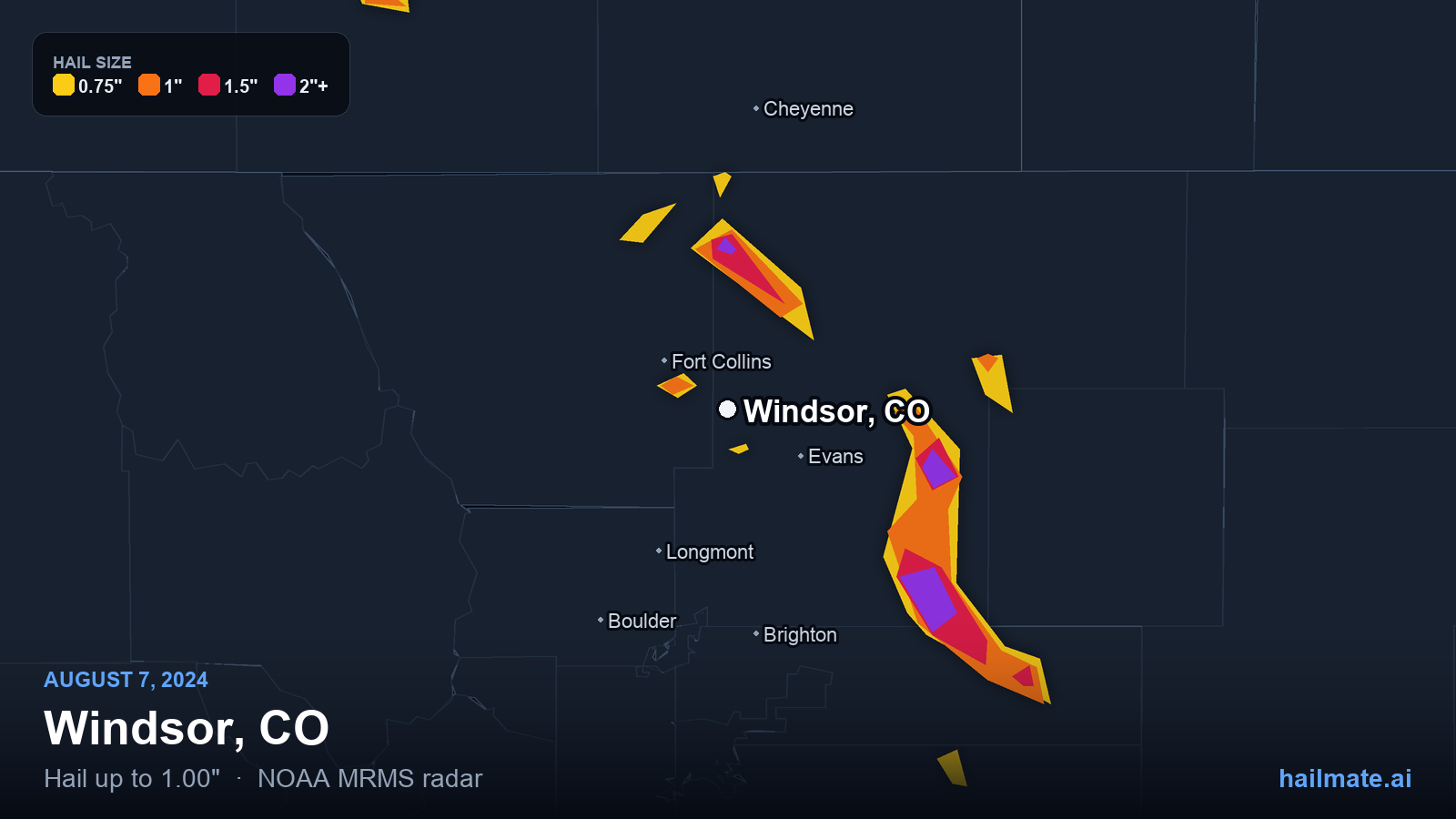 Hail swath map for Windsor, CO on August 7, 2024 showing 1.00 inch hail.