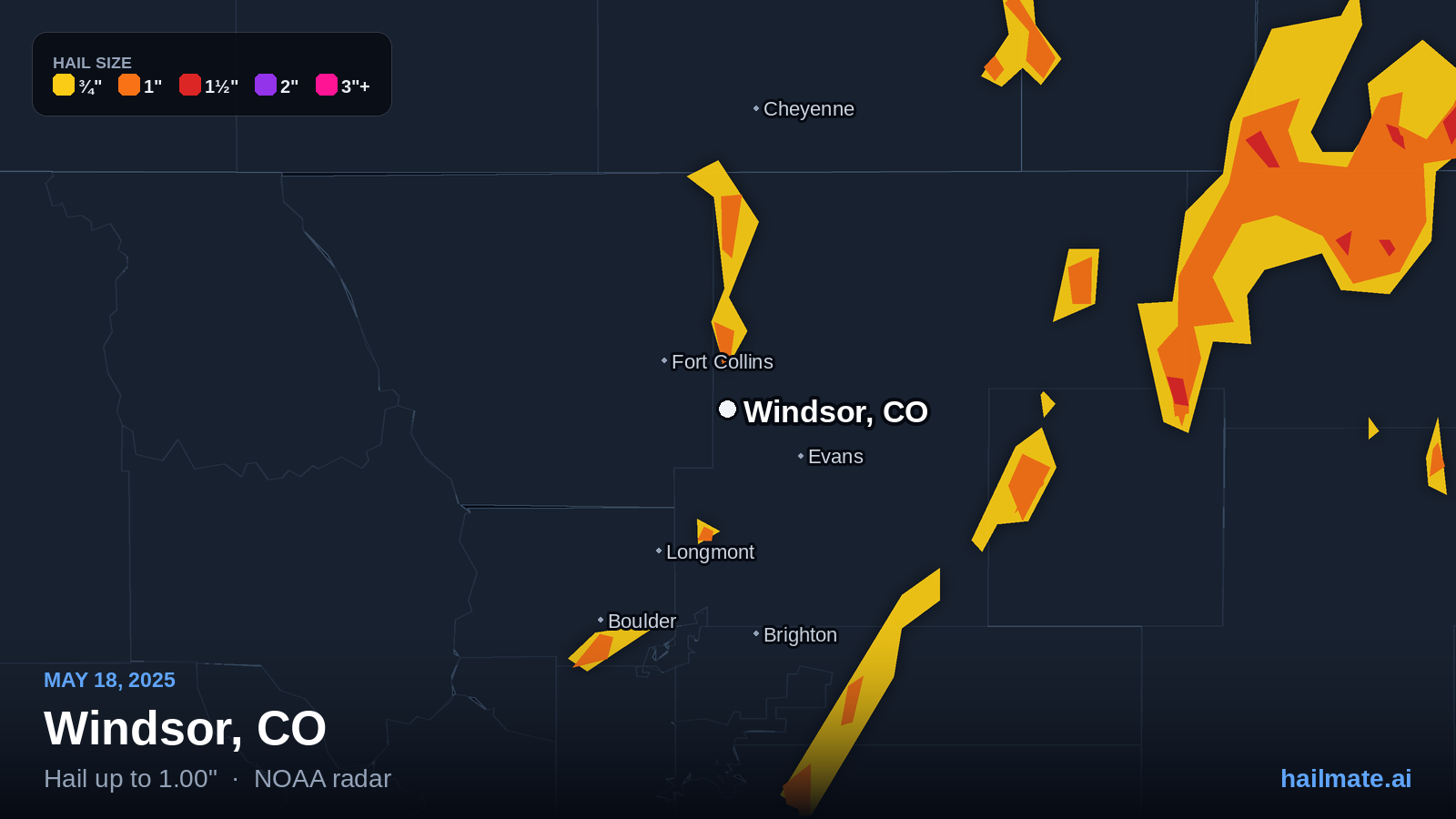 Hail swath map for Windsor, CO on May 18, 2025 showing 1.00 inch hail.