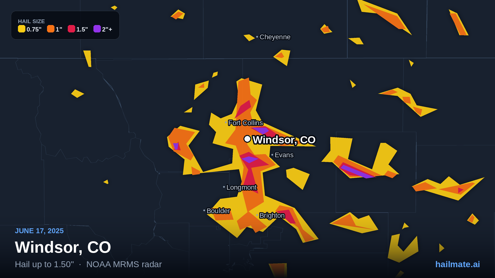 Hail swath map for Windsor, CO on June 17, 2025 showing 1.50 inch hail.