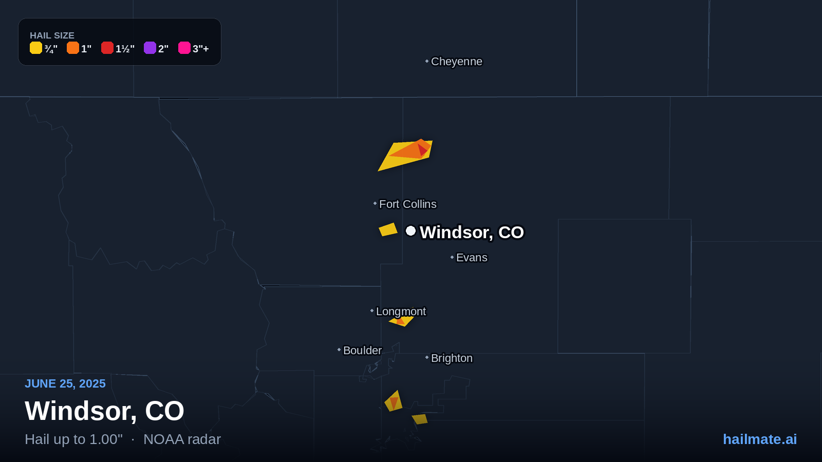 Hail swath map for Windsor, CO on June 25, 2025 showing 1.00 inch hail.