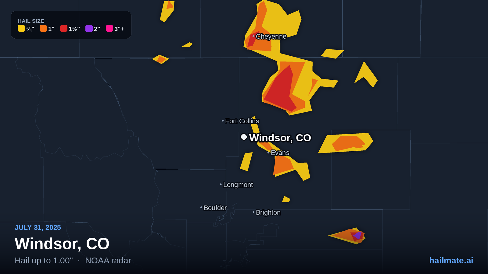 Hail swath map for Windsor, CO on July 31, 2025 showing 1.00 inch hail.