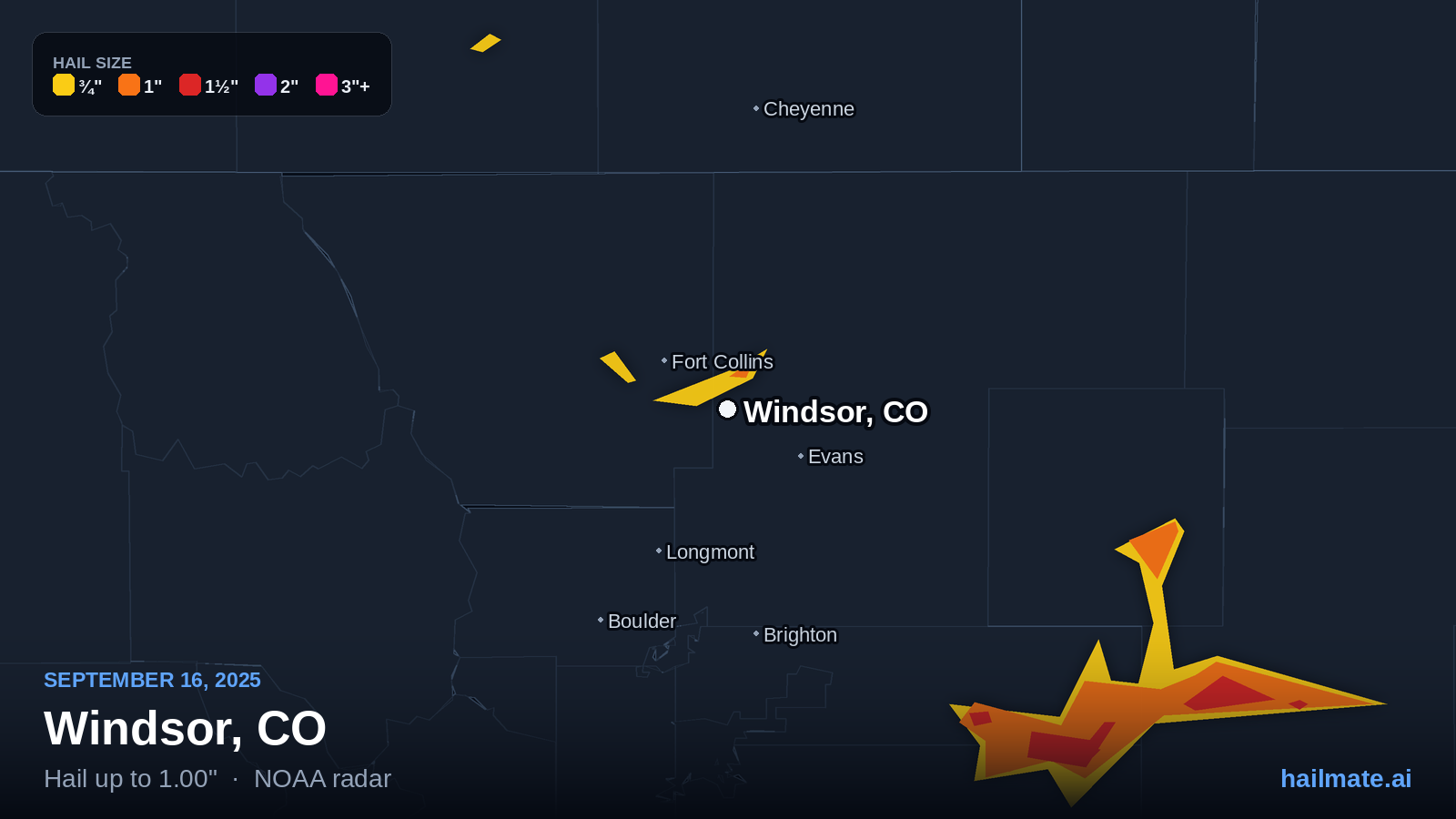 Hail swath map for Windsor, CO on September 16, 2025 showing 1.00 inch hail.