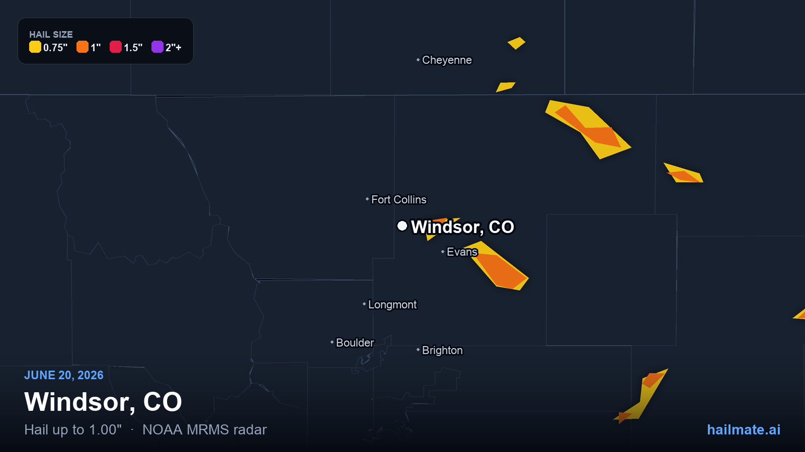 Hail swath map for Windsor, CO on June 20, 2026 showing 1.00 inch hail.