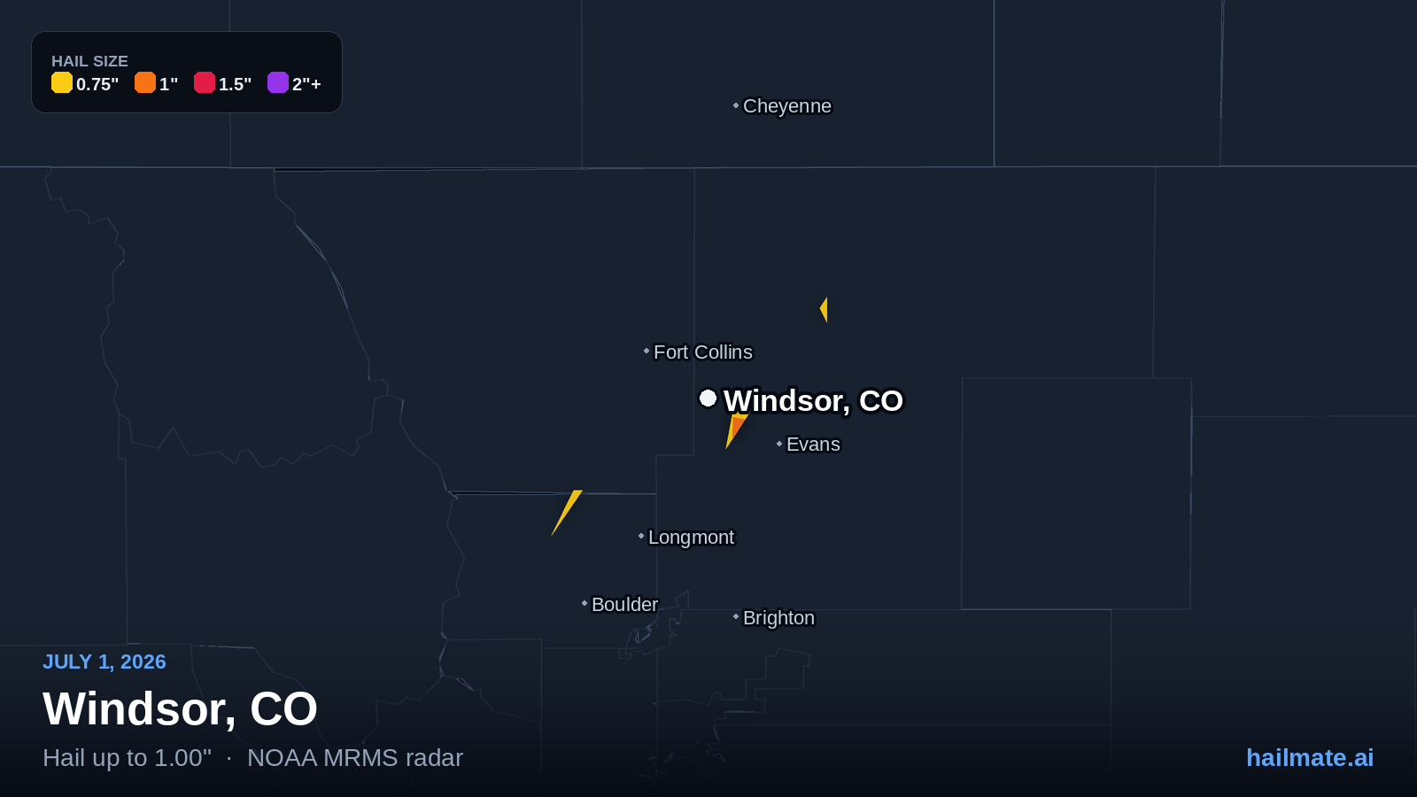 Hail swath map for Windsor, CO on July 1, 2026 showing 1.00 inch hail.