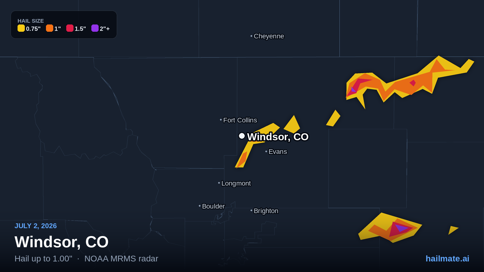 Hail swath map for Windsor, CO on July 2, 2026 showing 1.00 inch hail.