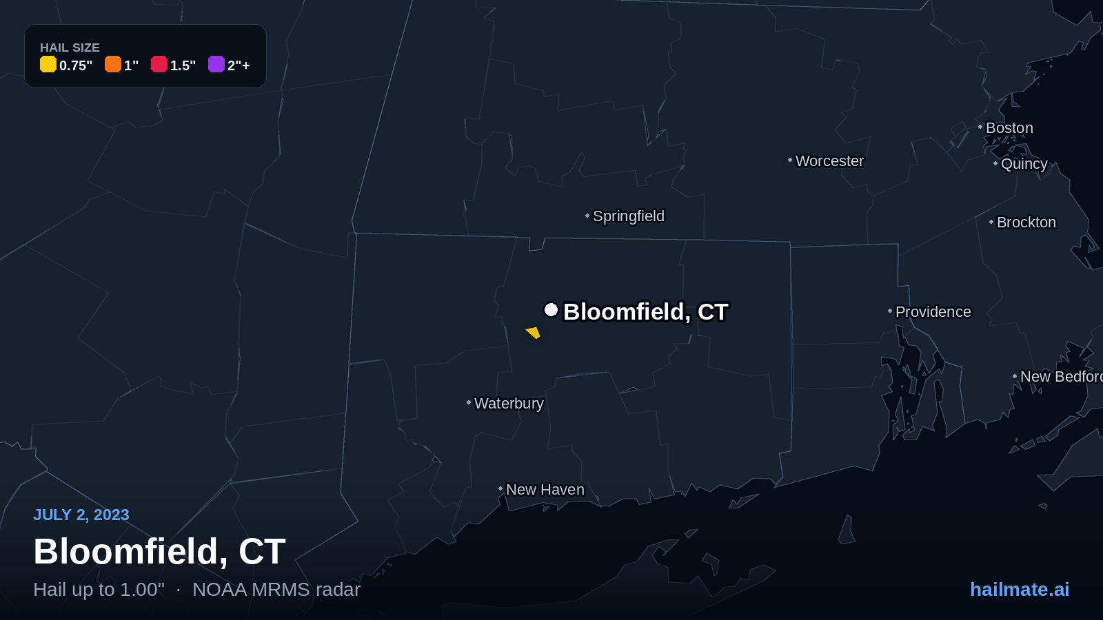 Hail swath map for Bloomfield, CT on July 2, 2023 showing 1.00 inch hail.