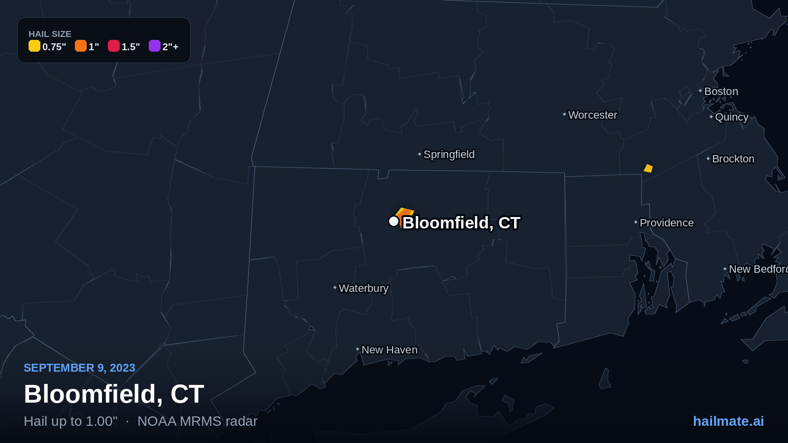Hail swath map for Bloomfield, CT on September 9, 2023 showing 1.00 inch hail.