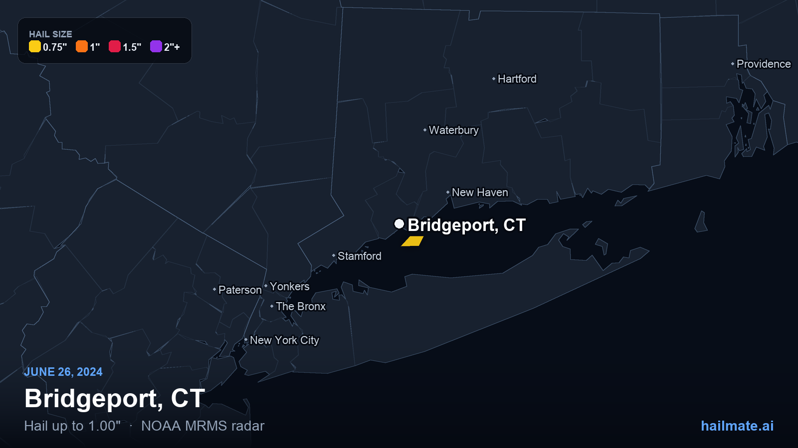 Hail swath map for Bridgeport, CT on June 26, 2024 showing 1.00 inch hail.