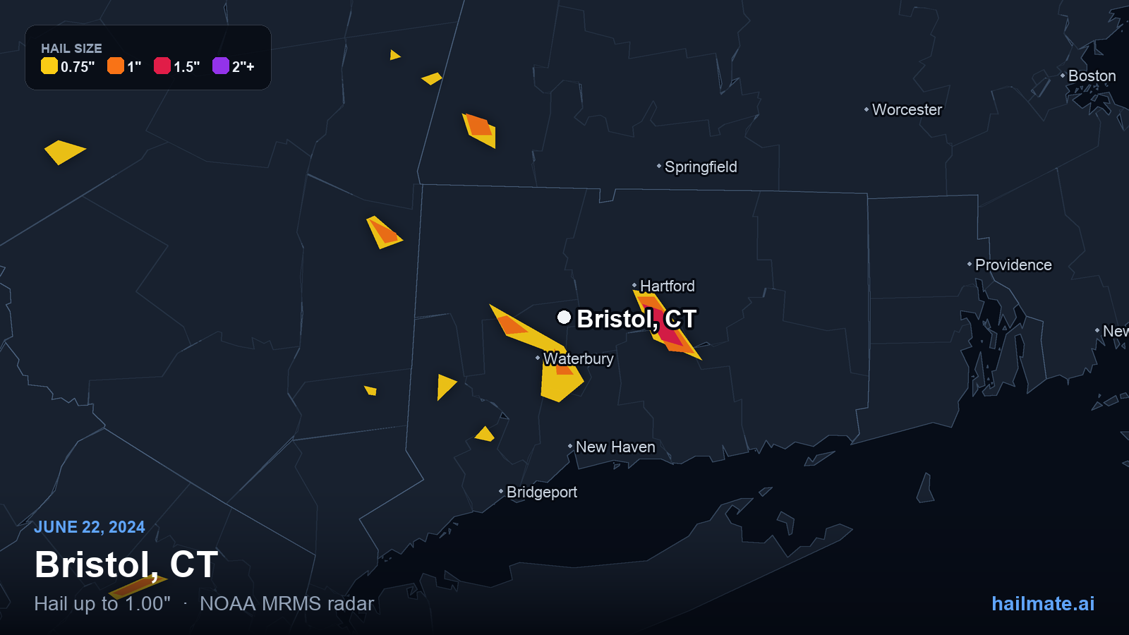 Hail swath map for Bristol, CT on June 22, 2024 showing 1.00 inch hail.