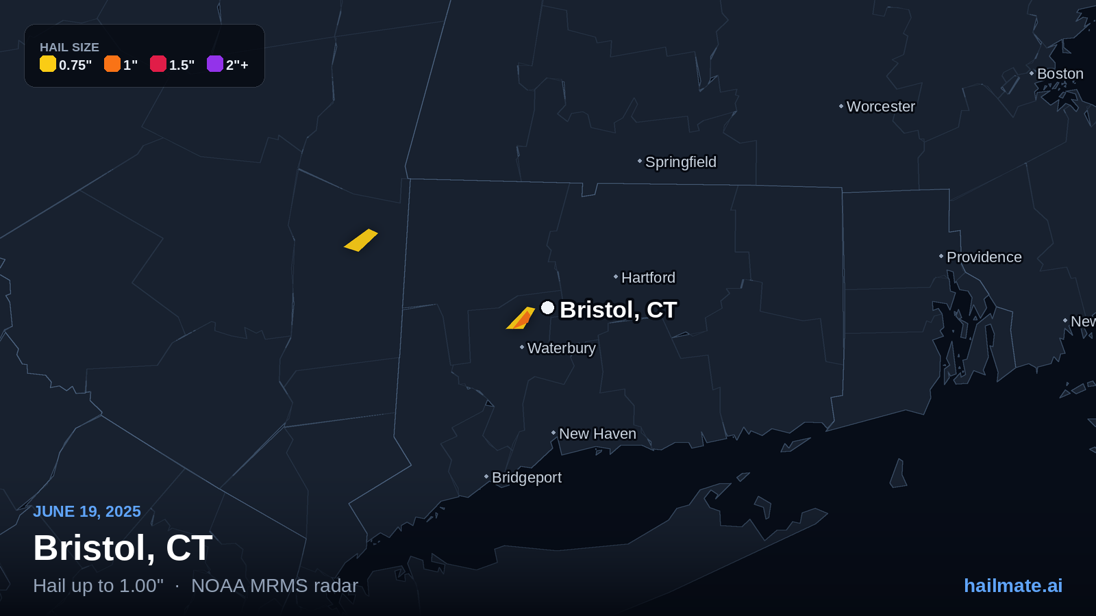 Hail swath map for Bristol, CT on June 19, 2025 showing 1.00 inch hail.