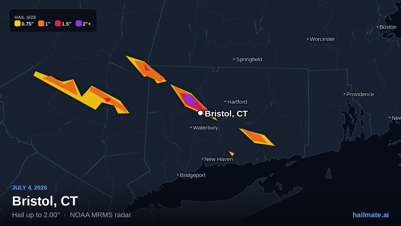 Hail swath map for Bristol, CT on July 4, 2026 showing 2.00 inch hail.