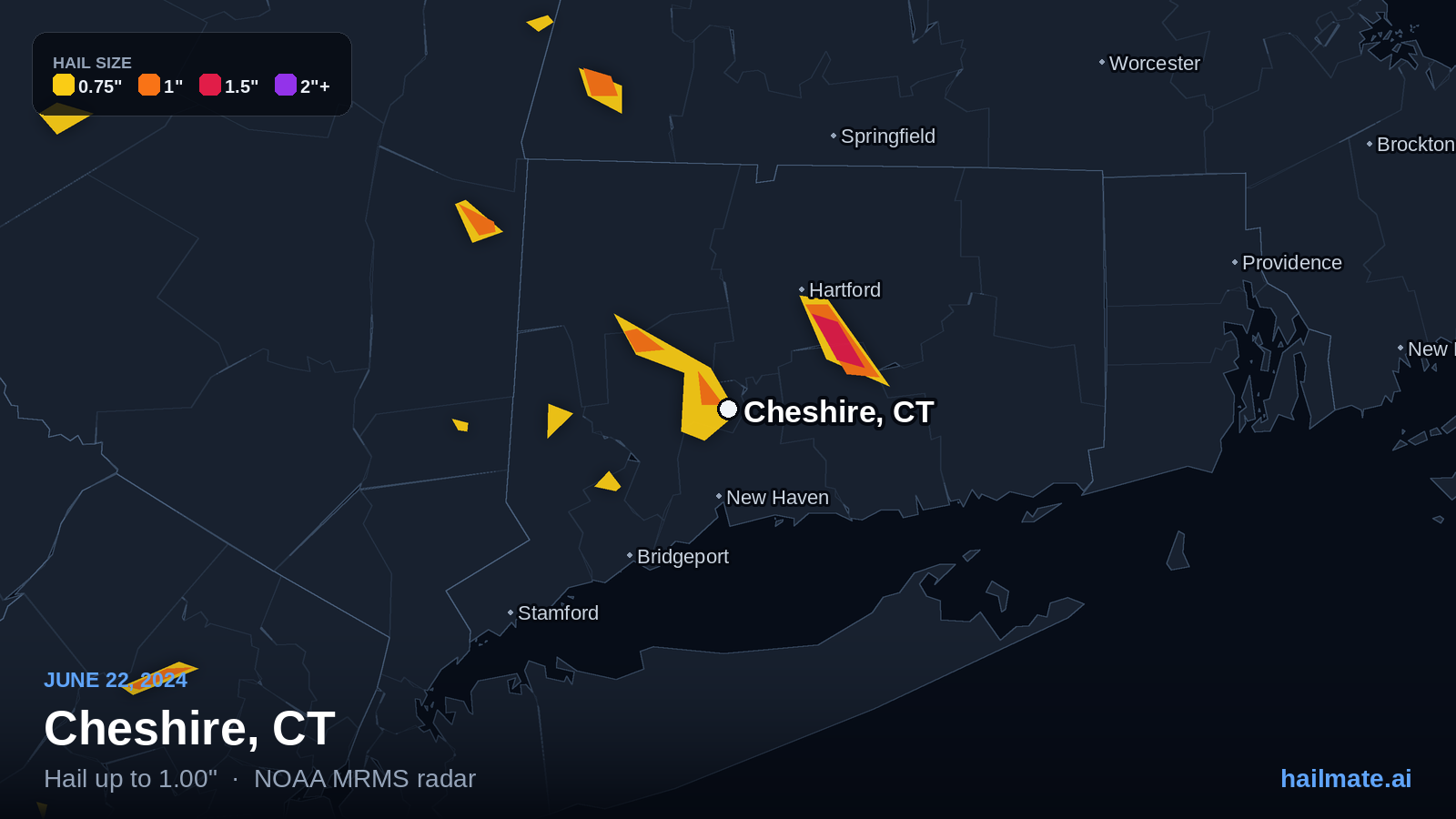 Hail swath map for Cheshire, CT on June 22, 2024 showing 1.00 inch hail.