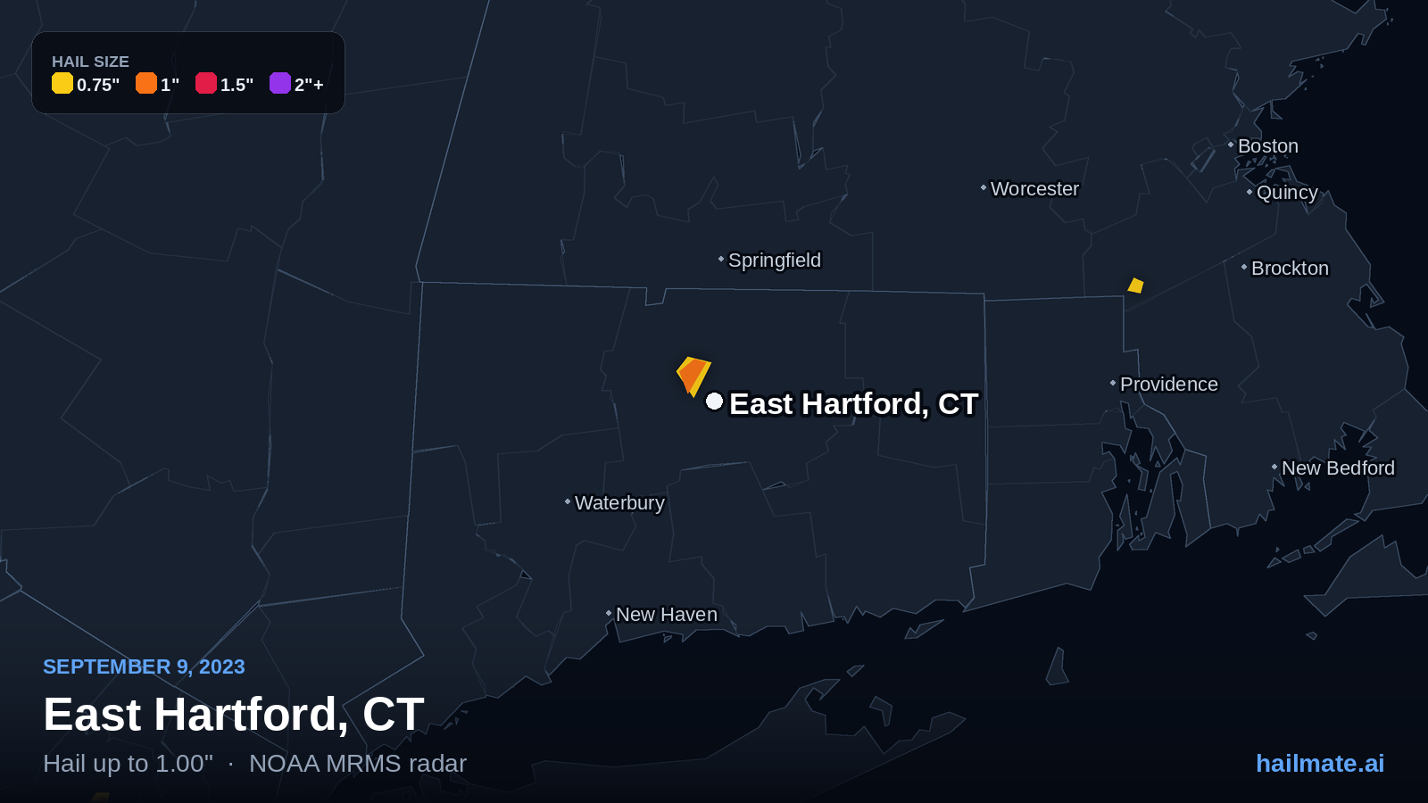 Hail swath map for East Hartford, CT on September 9, 2023 showing 1.00 inch hail.