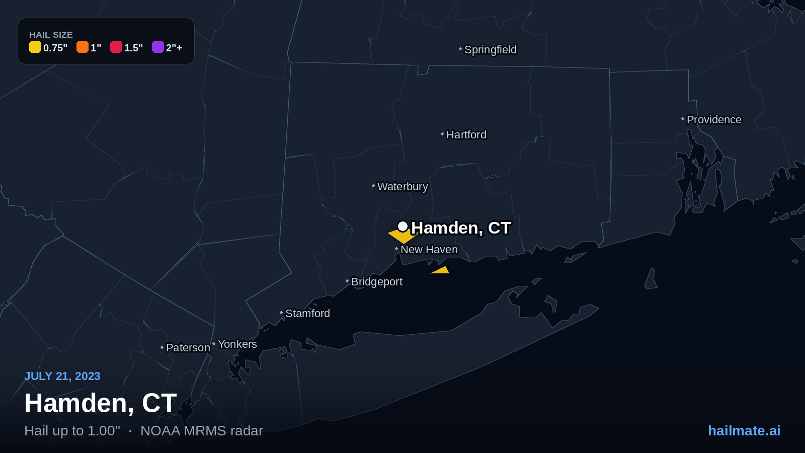 Hail swath map for Hamden, CT on July 21, 2023 showing 1.00 inch hail.
