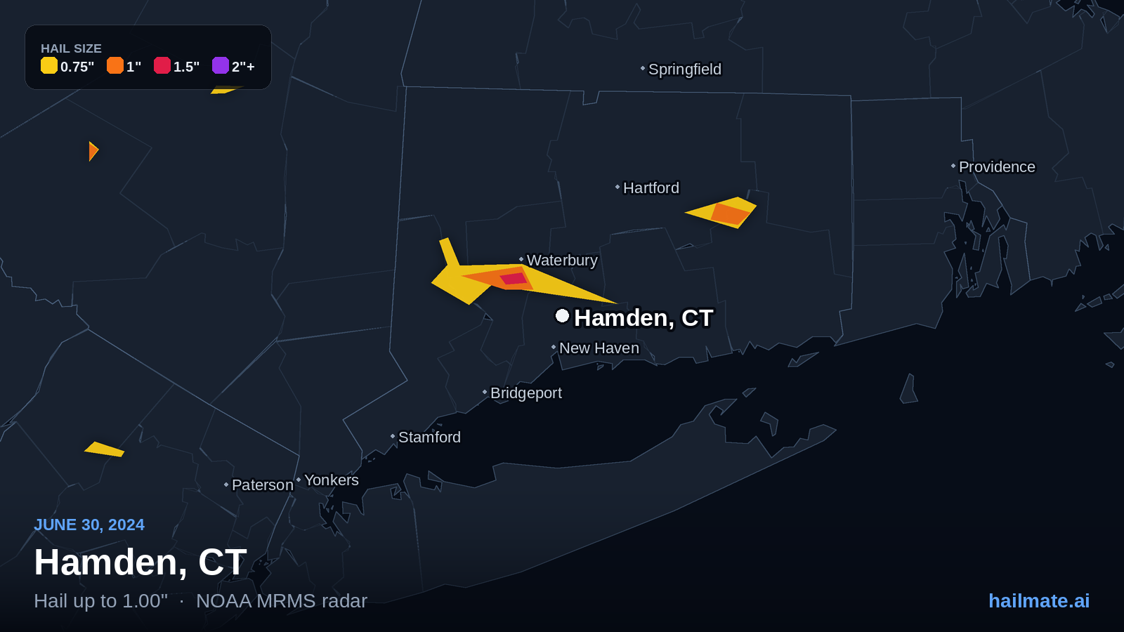 Hail swath map for Hamden, CT on June 30, 2024 showing 1.00 inch hail.