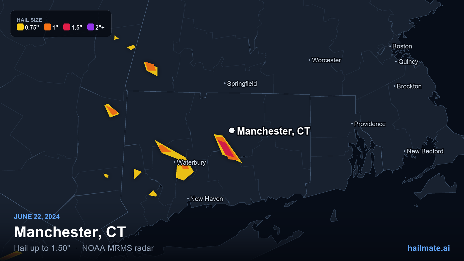 Hail swath map for Manchester, CT on June 22, 2024 showing 1.50 inch hail.