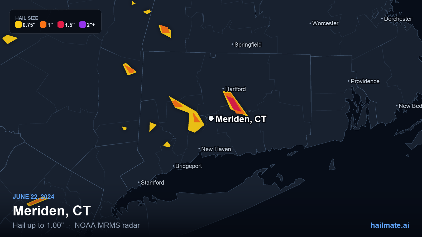 Hail swath map for Meriden, CT on June 22, 2024 showing 1.00 inch hail.