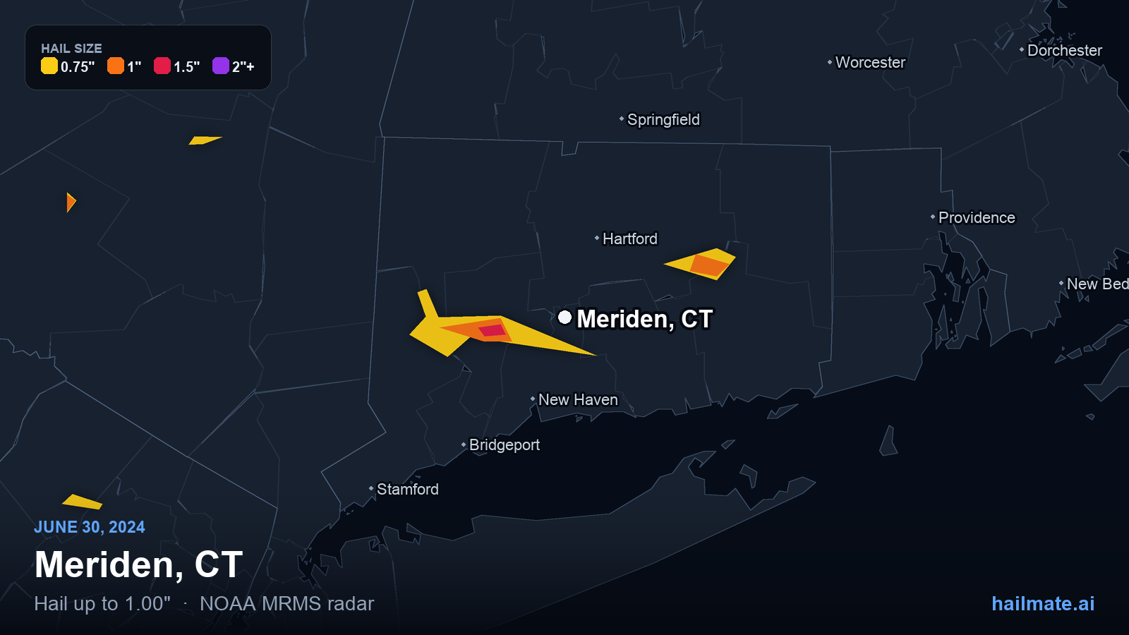 Hail swath map for Meriden, CT on June 30, 2024 showing 1.00 inch hail.