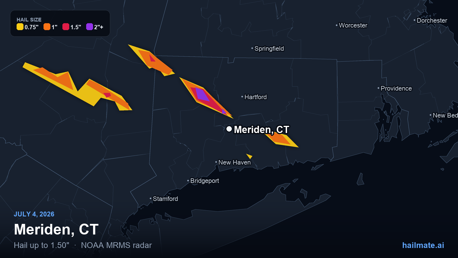 Hail swath map for Meriden, CT on July 4, 2026 showing 1.50 inch hail.