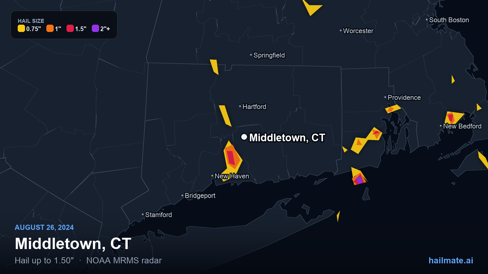 Hail swath map for Middletown, CT on August 26, 2024 showing 1.50 inch hail.