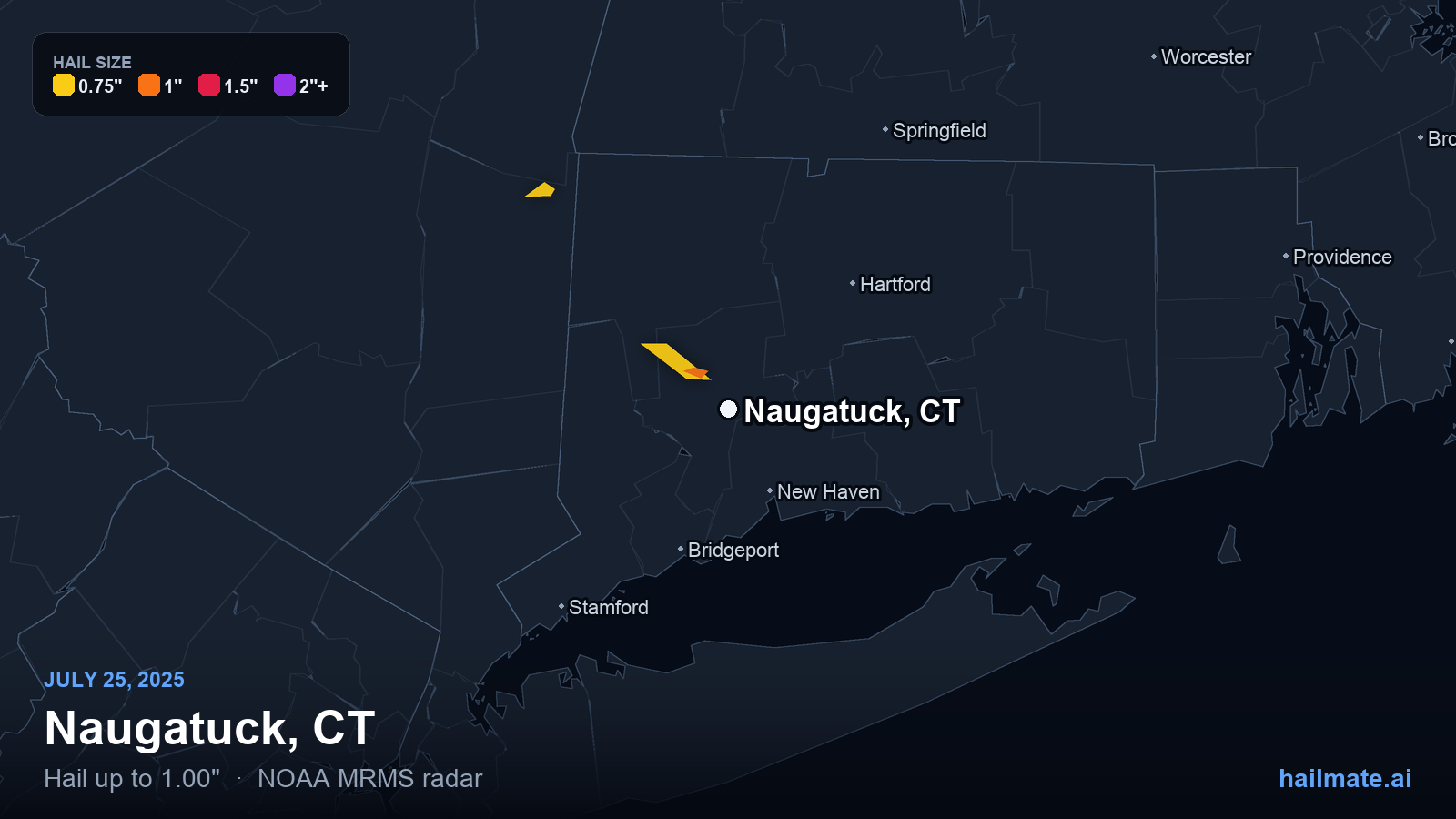 Hail swath map for Naugatuck, CT on July 25, 2025 showing 1.00 inch hail.