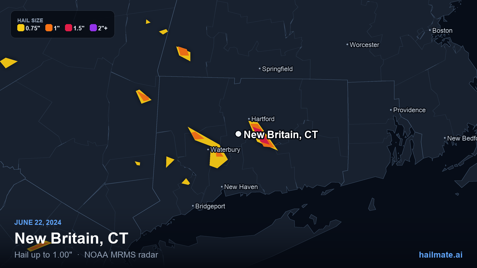 Hail swath map for New Britain, CT on June 22, 2024 showing 1.00 inch hail.