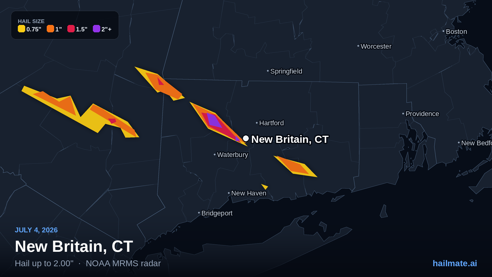 Hail swath map showing 2.00 inch hail over New Britain, Connecticut on July 4, 2026.