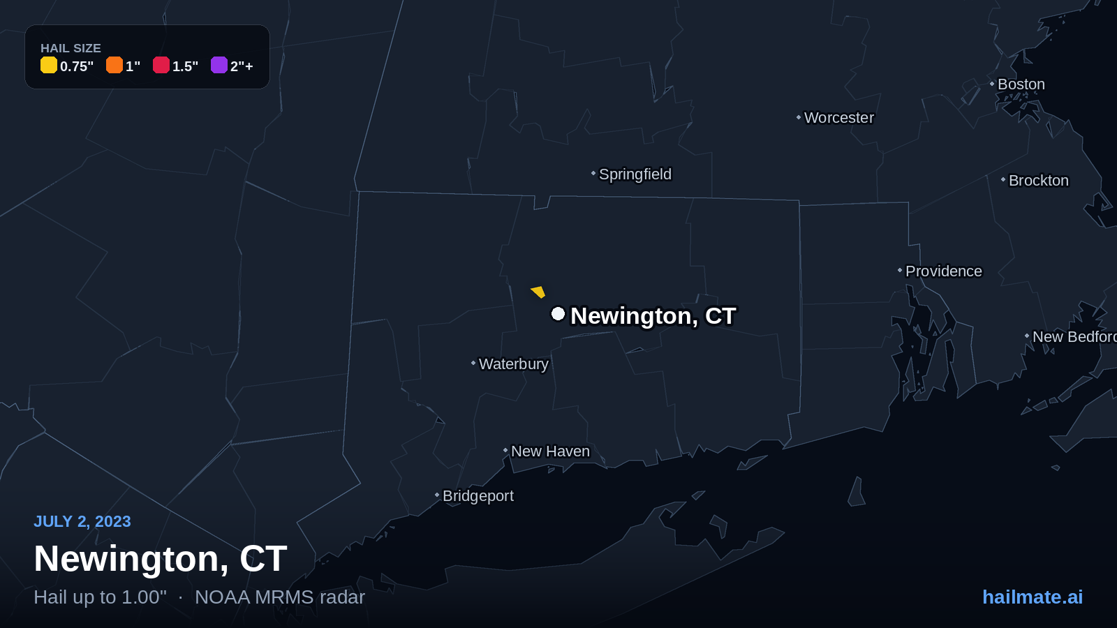 Hail swath map for Newington, CT on July 2, 2023 showing 1.00 inch hail.