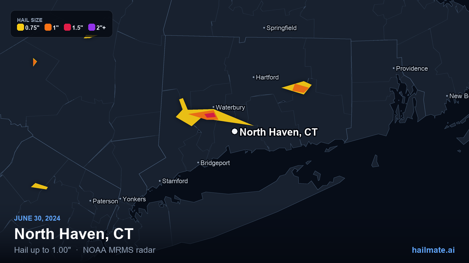 Hail swath map for North Haven, CT on June 30, 2024 showing 1.00 inch hail.