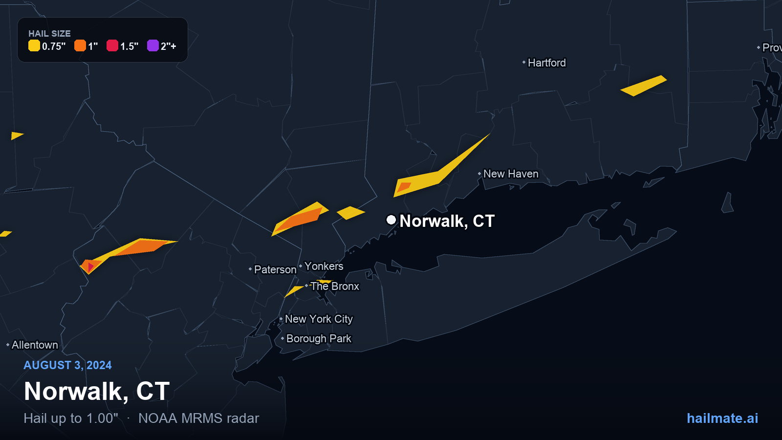 Hail swath map for Norwalk, CT on August 3, 2024 showing 1.00 inch hail.