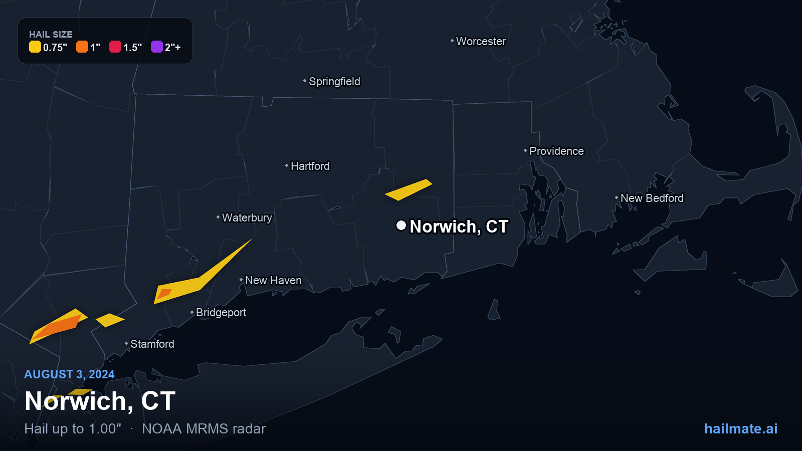 Hail swath map for Norwich, CT on August 3, 2024 showing 1.00 inch hail.
