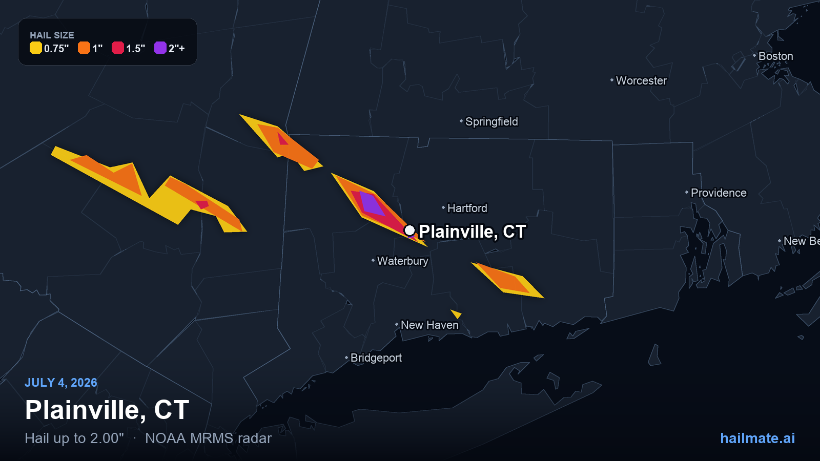 Hail swath map for Plainville, CT on July 4, 2026 showing 2.00 inch hail.