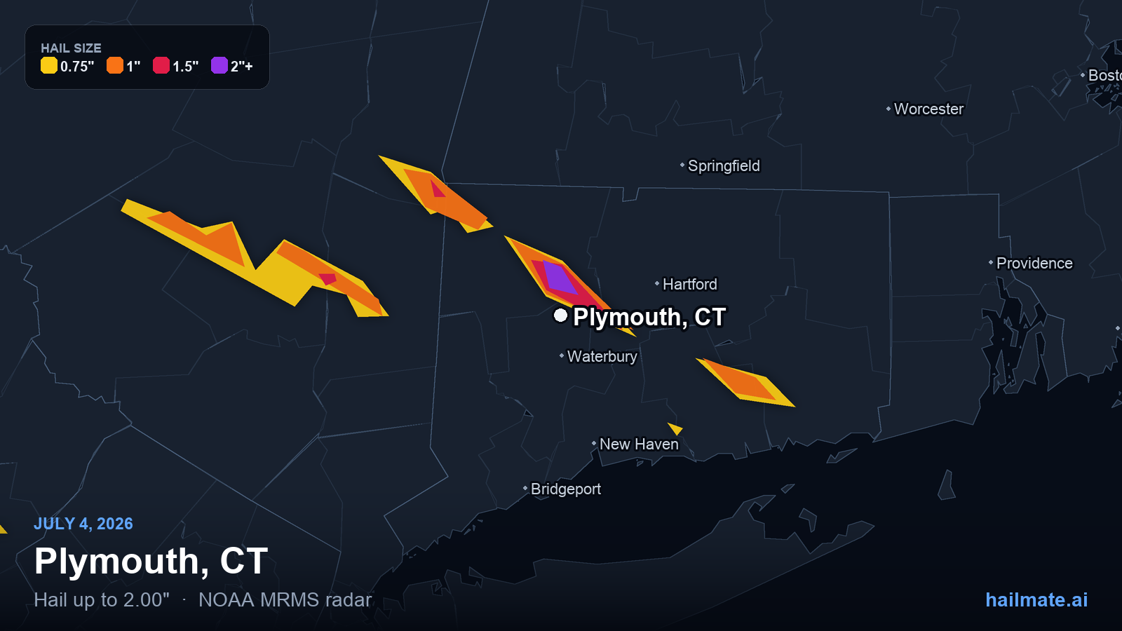 Hail swath map for Plymouth, CT on July 4, 2026 showing 2.00 inch hail.