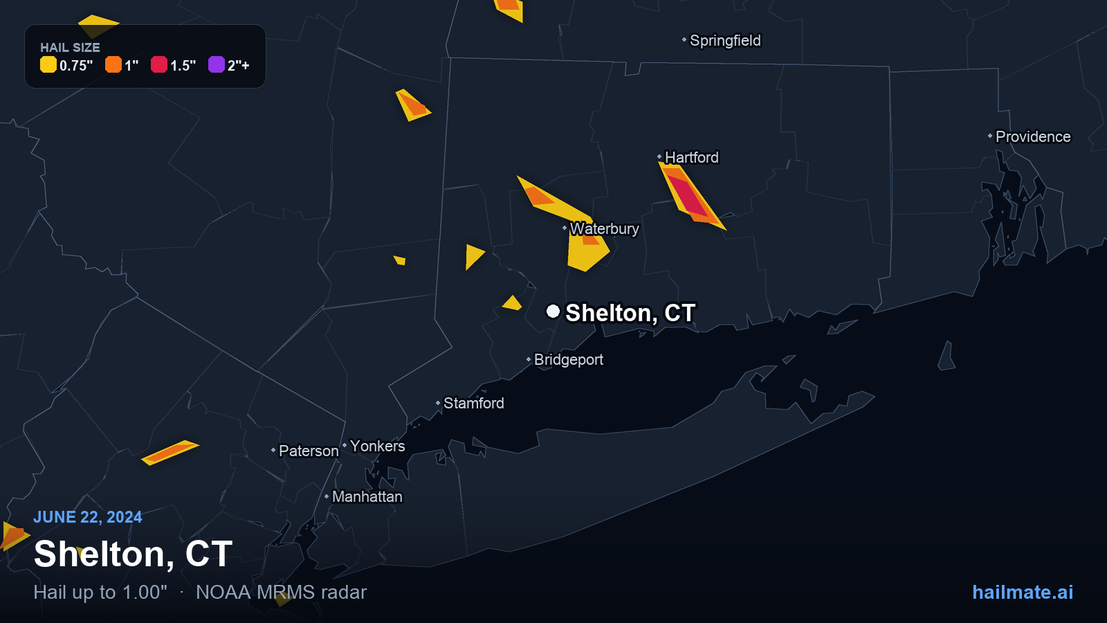 Hail swath map for Shelton, CT on June 22, 2024 showing 1.00 inch hail.