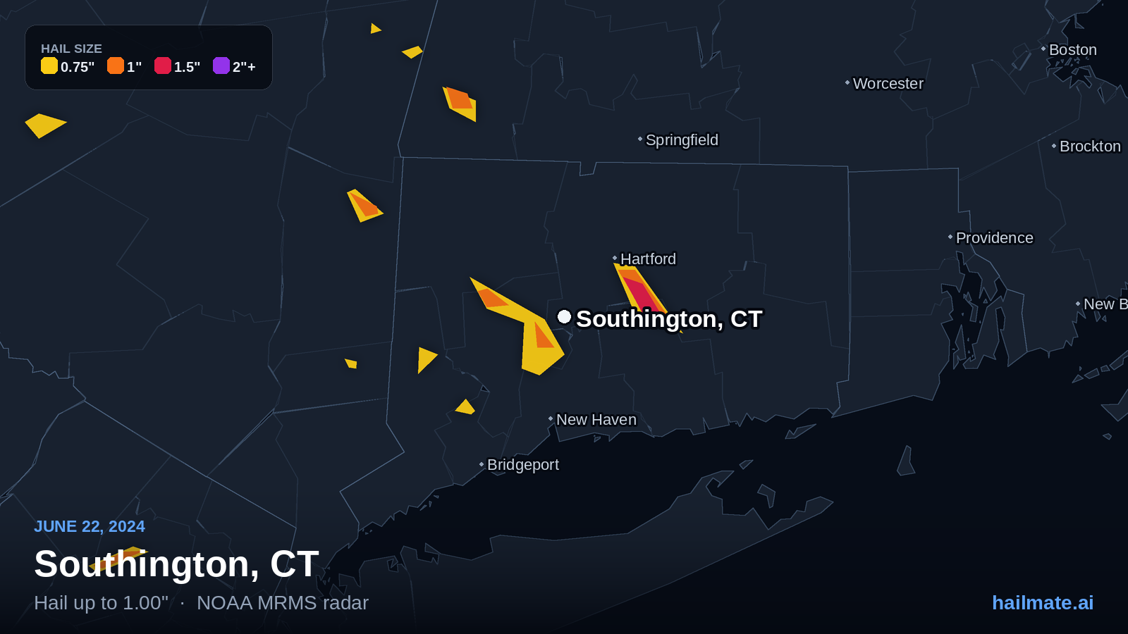 Hail swath map for Southington, CT on June 22, 2024 showing 1.00 inch hail.