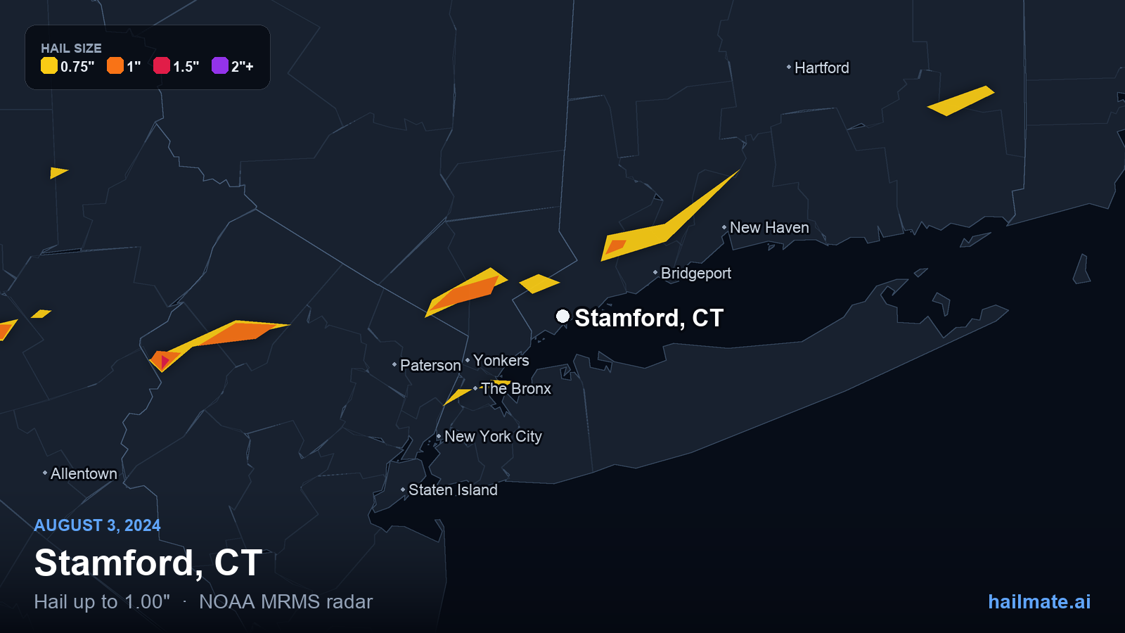 Hail swath map for Stamford, CT on August 3, 2024 showing 1.00 inch hail.