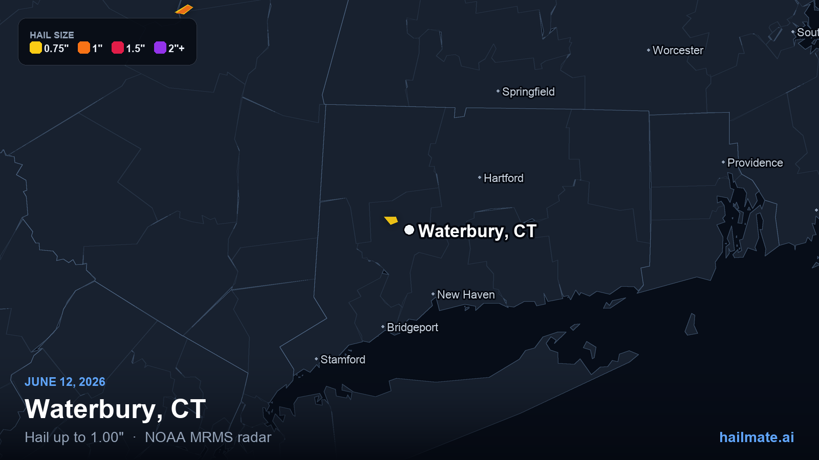 Hail swath map for Waterbury, CT on June 12, 2026 showing 1.00 inch hail.