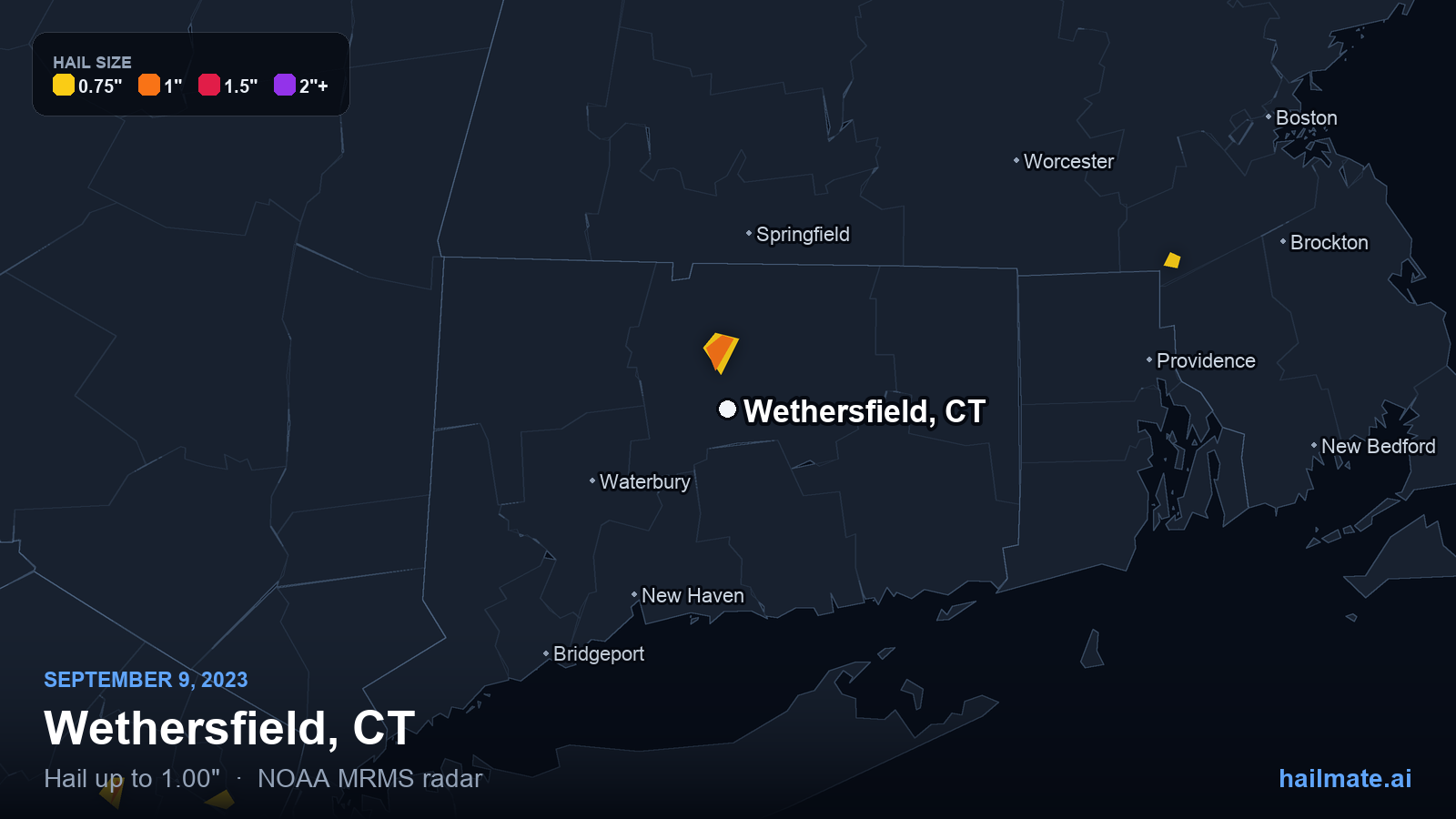 Hail swath map for Wethersfield, CT on September 9, 2023 showing 1.00 inch hail.
