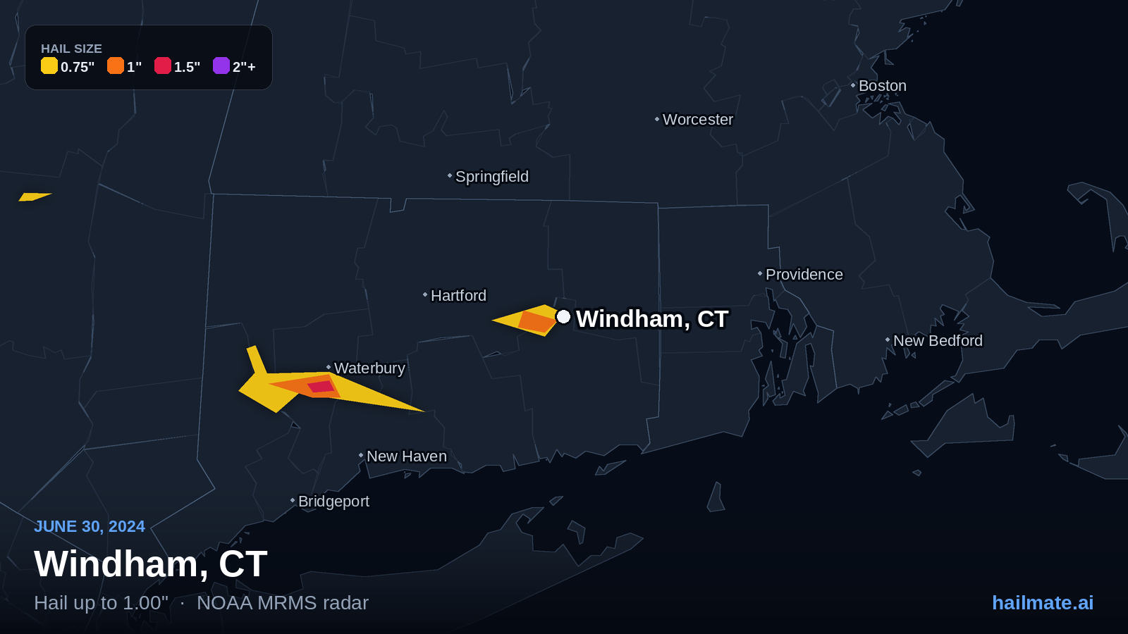 Hail swath map for Windham, CT on June 30, 2024 showing 1.00 inch hail.