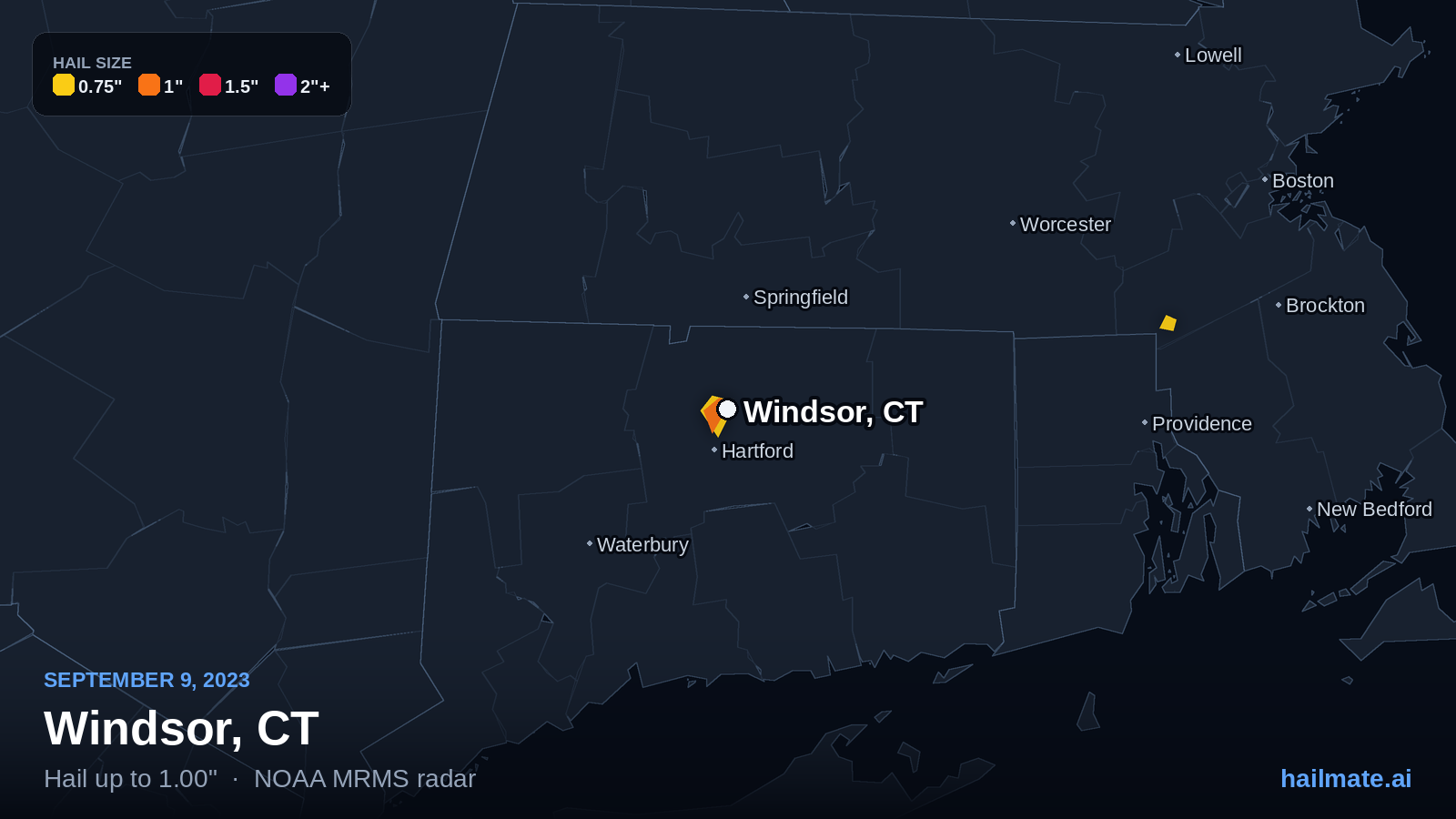 Hail swath map for Windsor, CT on September 9, 2023 showing 1.00 inch hail.