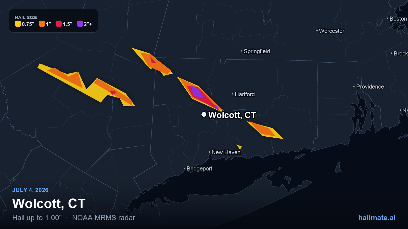 Hail swath map for Wolcott, CT on July 4, 2026 showing 1.00 inch hail.