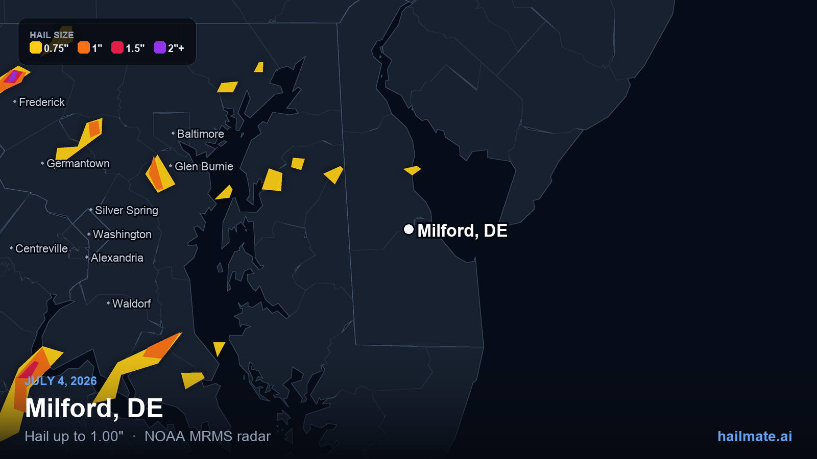 Hail swath map for Milford, DE on July 4, 2026 showing 1.00 inch hail.