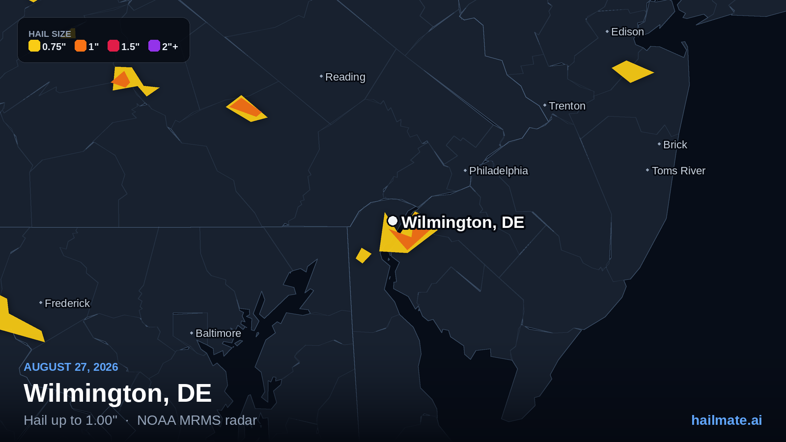 Hail swath map showing 1.00 inch hail over Wilmington, Delaware on August 27, 2026.