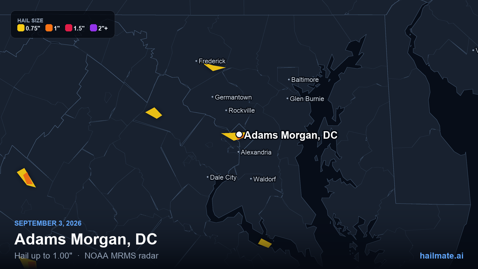 Hail swath map for Adams Morgan, DC on September 3, 2026 showing 1.00 inch hail.