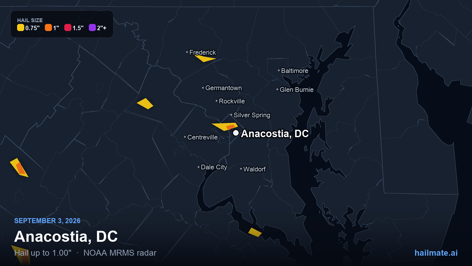Hail swath map for Anacostia, DC on September 3, 2026 showing 1.00 inch hail.